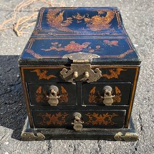 Vintage Chinese Wooden Mirrored 3 Drawers Jewelry Box
